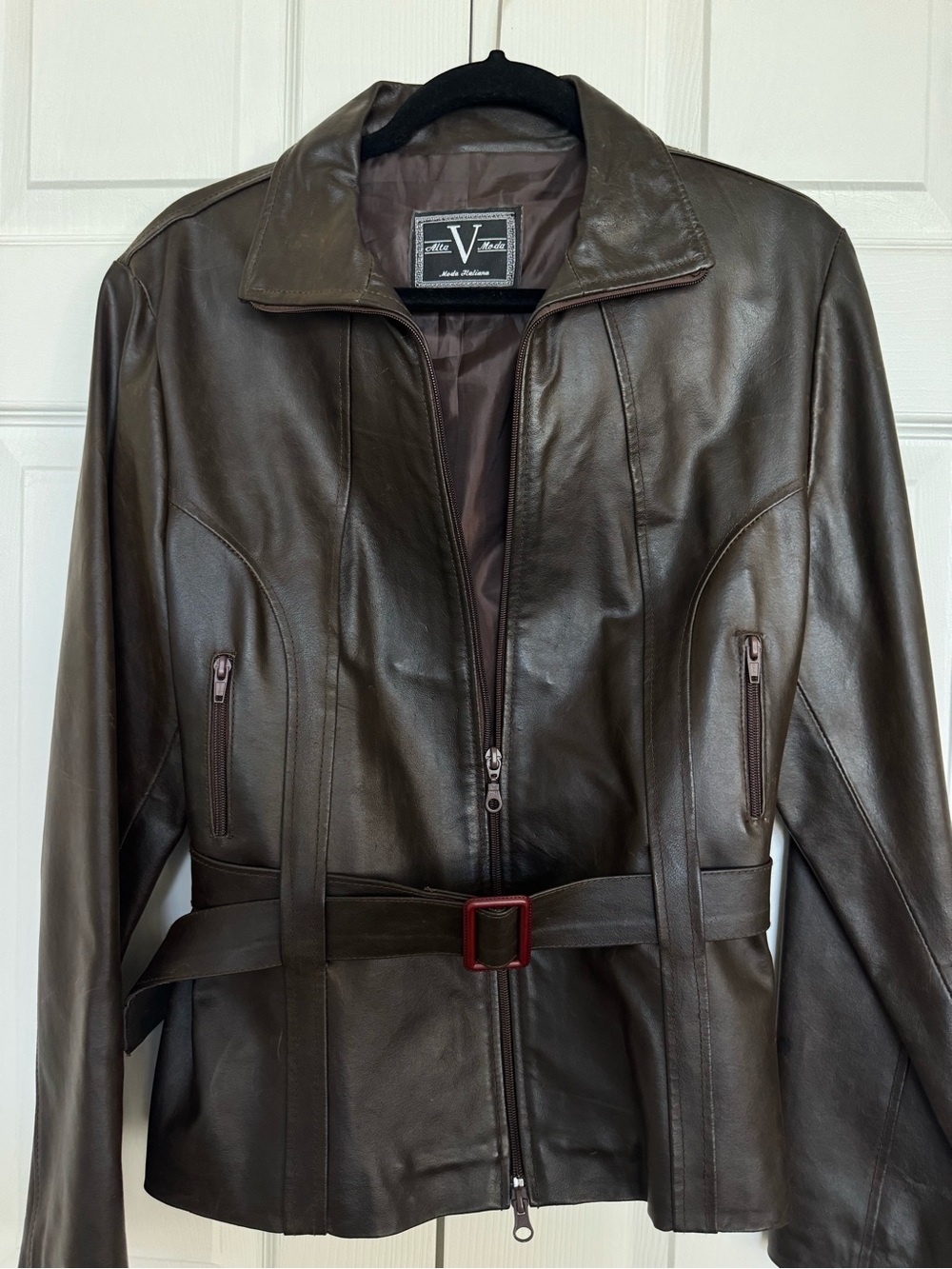 Brown Leather Zip Jacket with Belted Waist